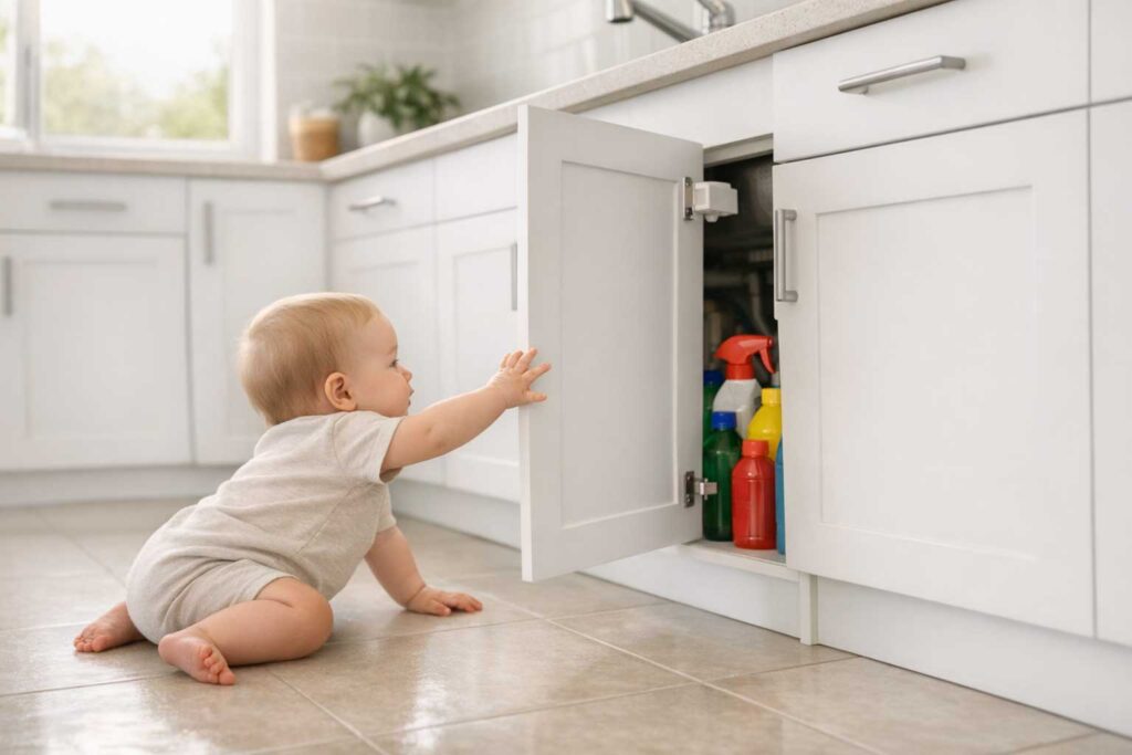 Baby Proofing Chemical Hazard Curious Baby Exploring The Cabinet