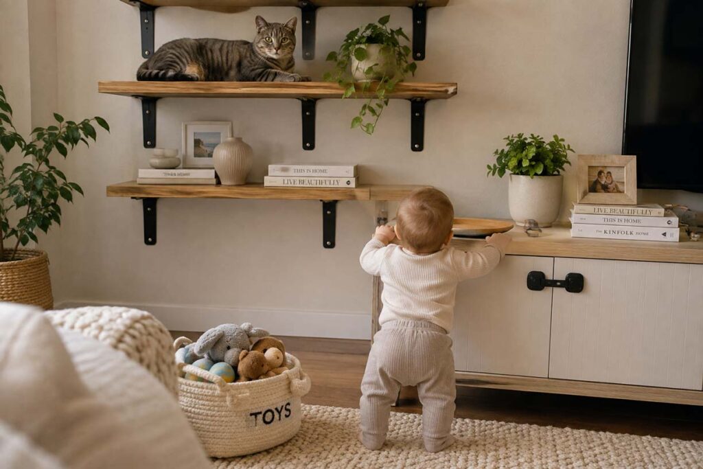 Cat on secured shelving above a toddler in a pet-friendly baby proofed room