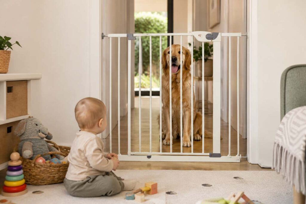 Safety gate separating a baby play area from a dog in a Sydney home